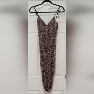 Women's Snakeskin Rouched Midi Dress, Size Small, Brown/Tan/Black